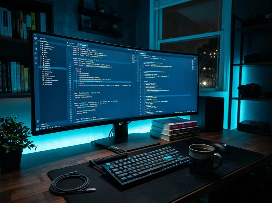 Developer workspace with code on a monitor
